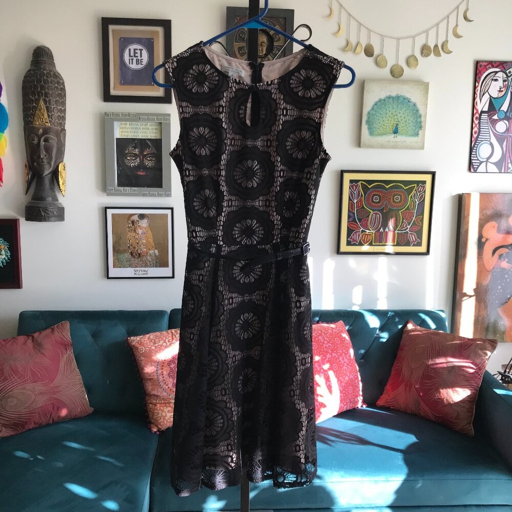 LONDON TIMES size 6 Black Lace Illusion Lining Sleeveless Cocktail Dress